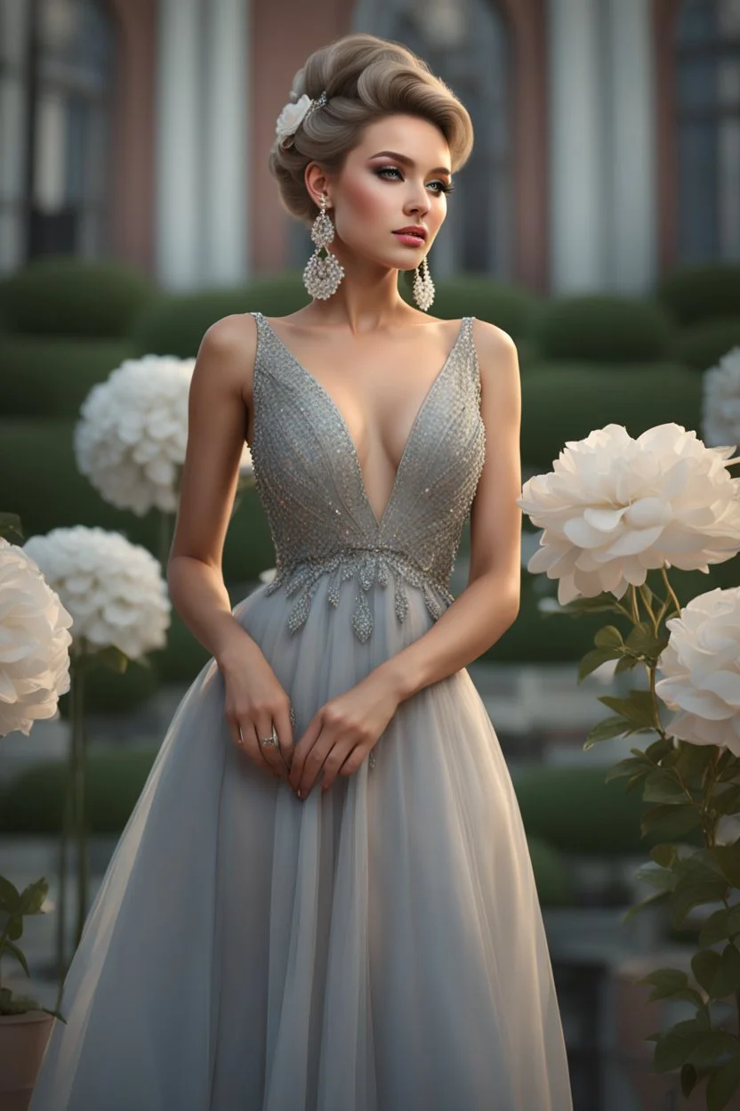 full body woman, from Russian Federation , elegant dress, elegant curled hair , 19 years old ,earring, nice make up,8k, Candid avant garde portrait, charming woman, wearing Lovely Flower Diamond Pendant, octane render 3d, plastic material