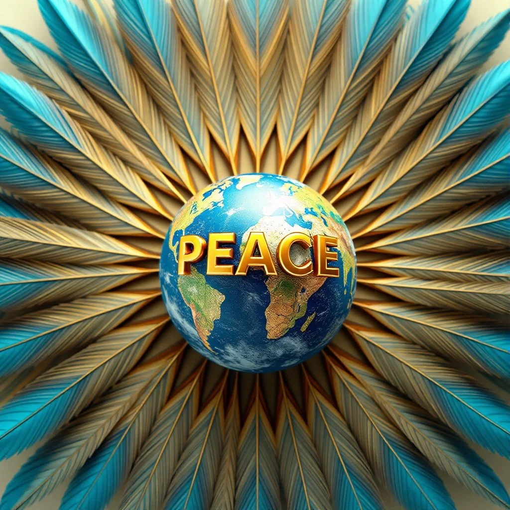 hundred azure colored feathers owith planet of the earth in golden center texture with word “ PEACE “ on 3D
