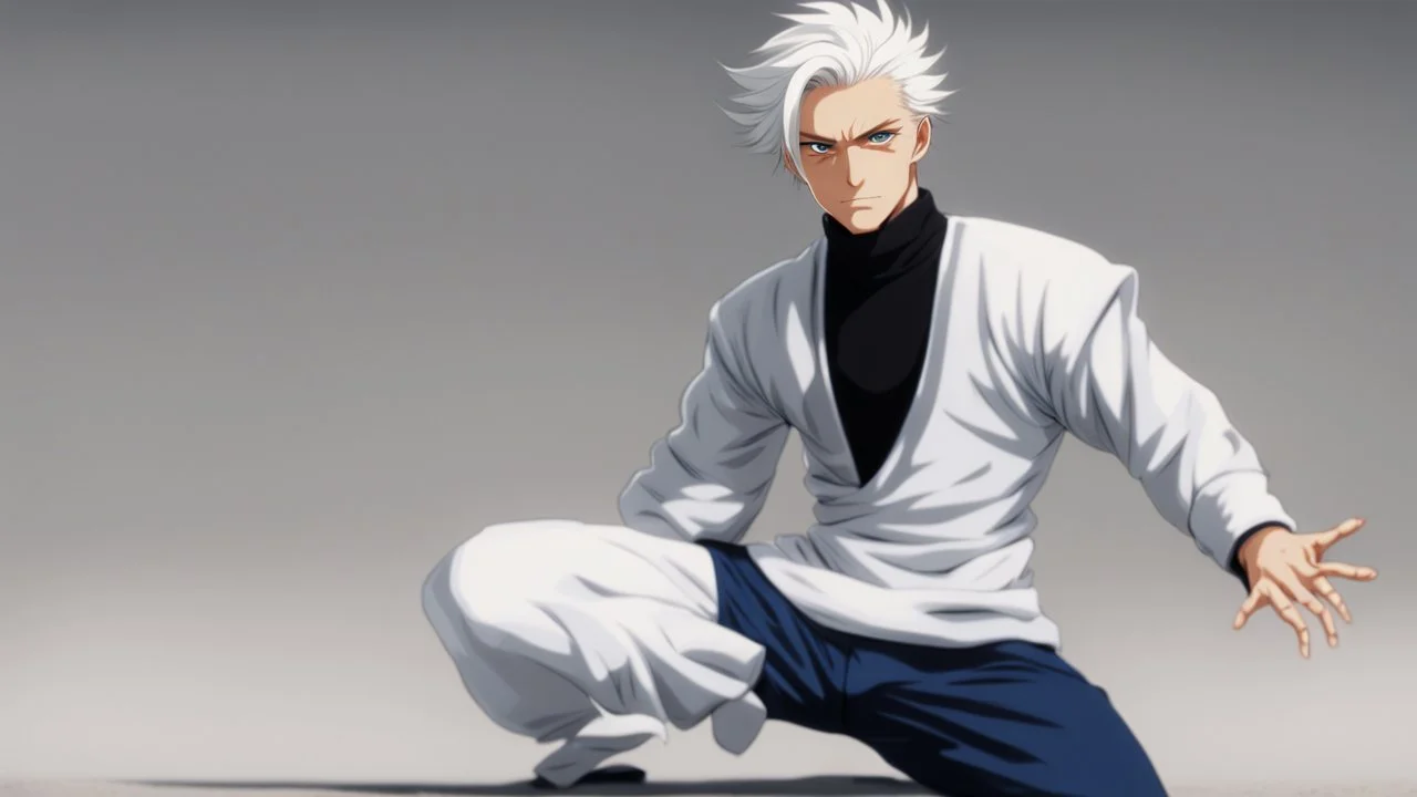 Satoru Gojo is a young guy white hair blue eyes black turtleneck without arms white loose pants in a defensive pose