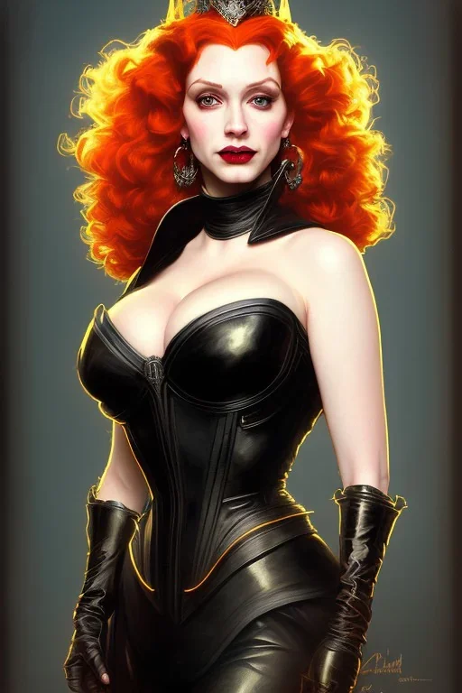 painting of christina hendricks as evil queen in black leather, feminie, angry, volouptous, busty, cleavage, emperious, mature, highly detailed, digital painting, artstation, concept art, smooth, sharp focus, illustration, art by gaston bussiere and alphonse mucha