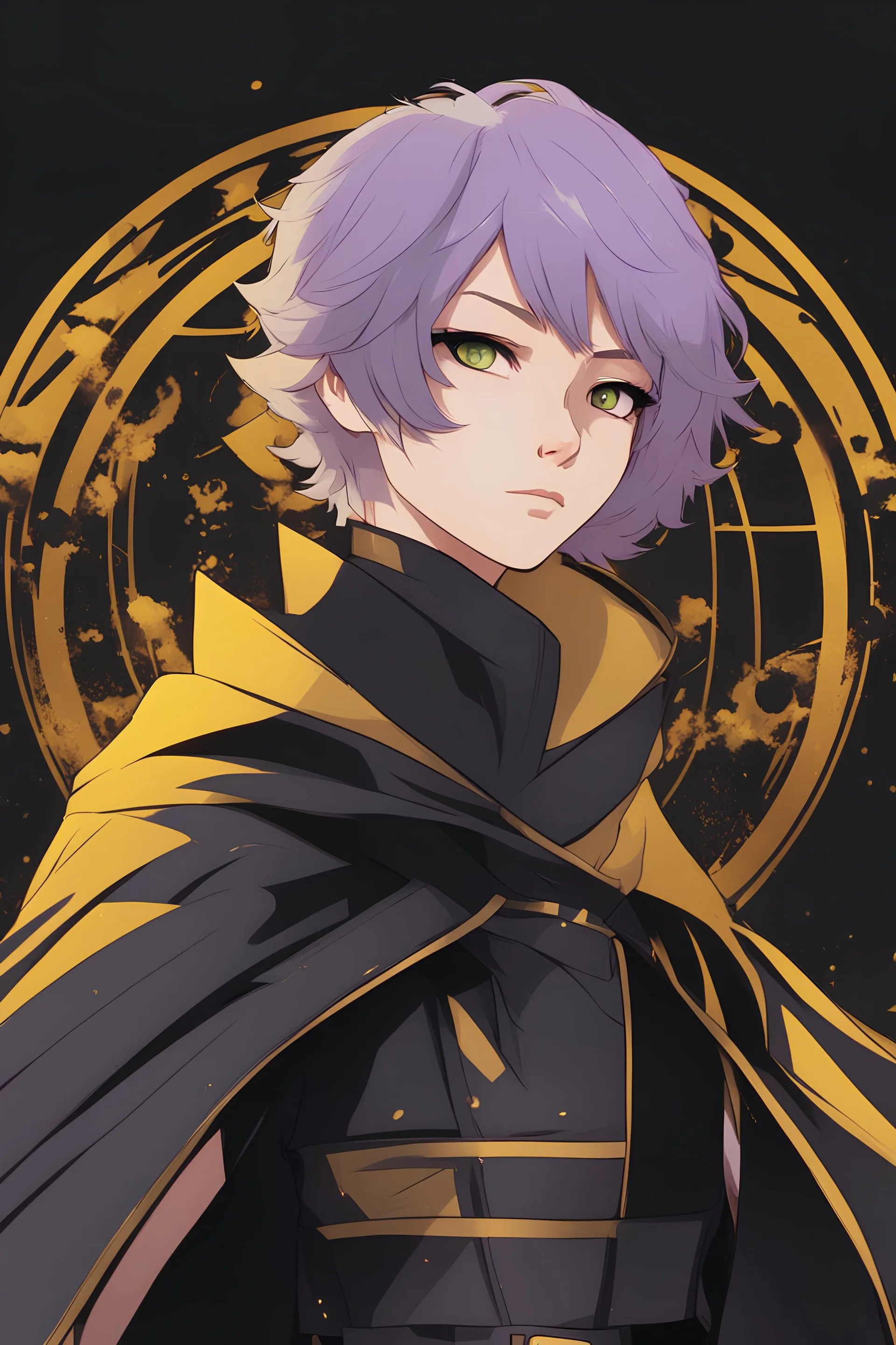 Woman with short lavender hair, yellow eyes, wearing a black cloak and futuristic black clothes, holding ninjato, Japanese background, RWBY animation style