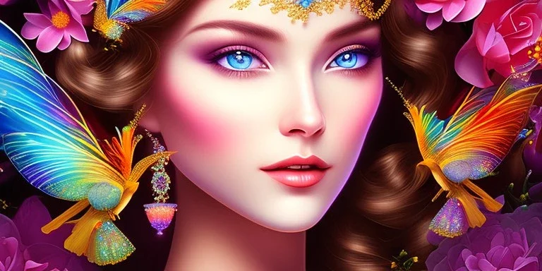 bright fairy, beautiful portrait, flowery landscape