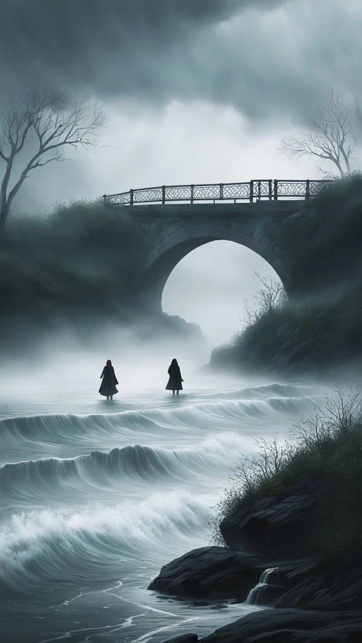 By Sergiо. Style by Greg Rudkowski. Thick white milky dense fog on a deserted beach with lonely bushes.flooded raged water . 2 women and a child In the stormy wether in the water a bridge is falling in the river Bruegel painting style, fine line draw