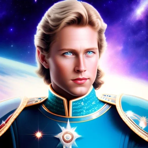 prince galactique beau fin, profil de trois quart, grand front cosmique, peau bleu cristalline, yeux bleu réel, cheveux blond et rose étoilé, armure sur le corps, collier de grand prince, lèvres souriante, très jolie sourire, fond de galaxie. 4k prince galactique beau fin, profil de trois quart, grand front cosmique, peau bleu cristalline, yeux bleu réel, cheveux blond et rose étoilé, armure sur le corps, collier de grand prince, lèvres souriante, très jolie sourire, fond de galaxie. 4