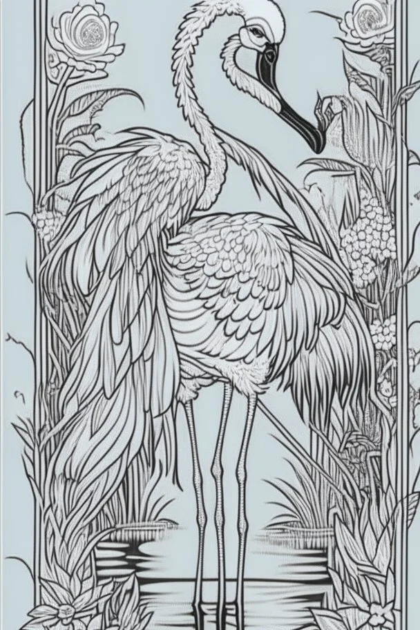 coloring book page of a magical flamingo,monochrome, black and white, sharp, sketch drawing