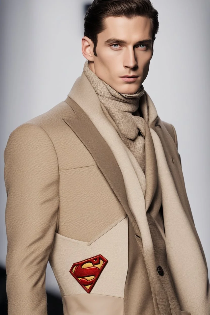 a men winter fashion runway with modern clothes inspired by Superman style, embroidery elegante fashion beige tones