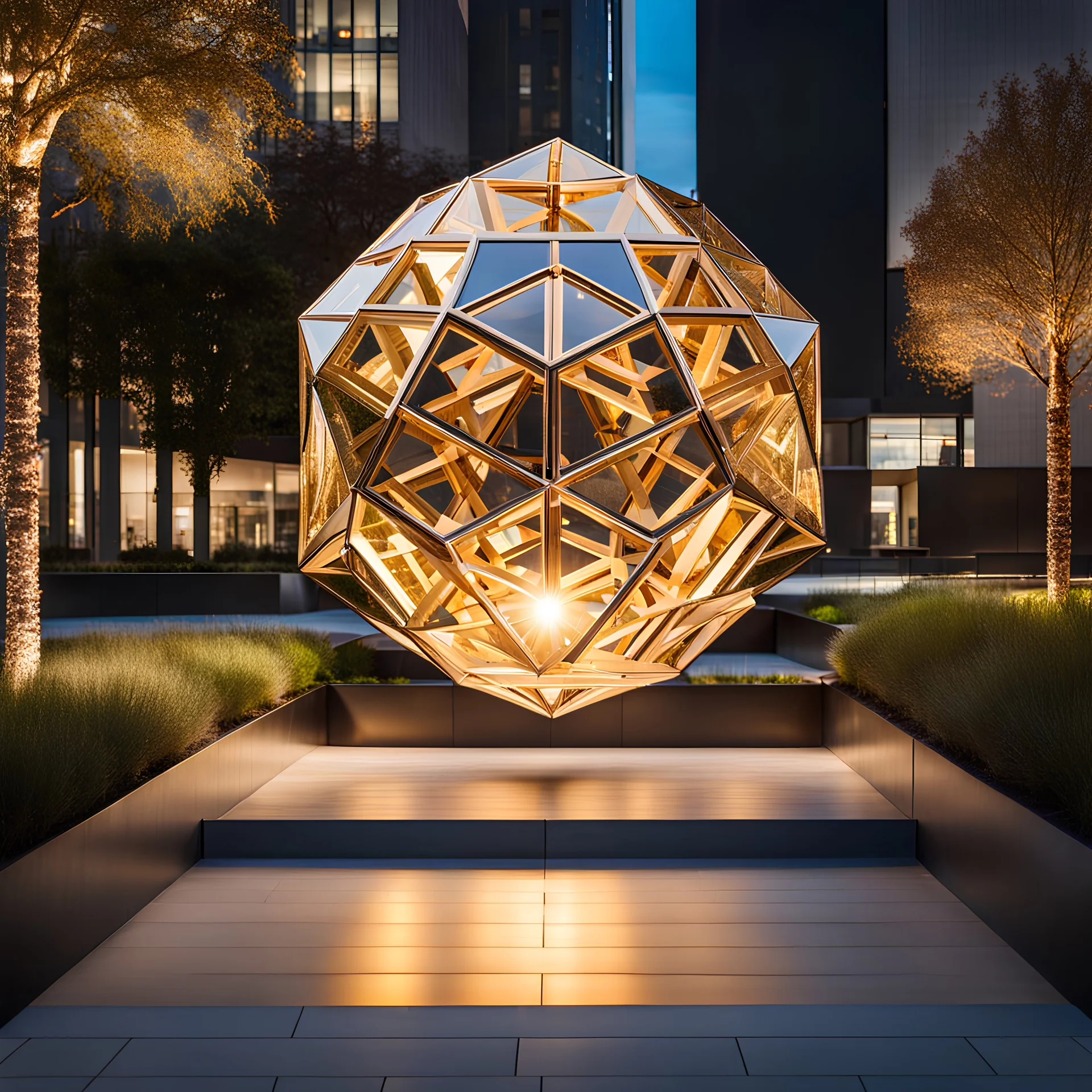 crystal Dodecahedron golden sphers, which reflects the modern city environment in modern city escape , transforms into array of crystal cubes.