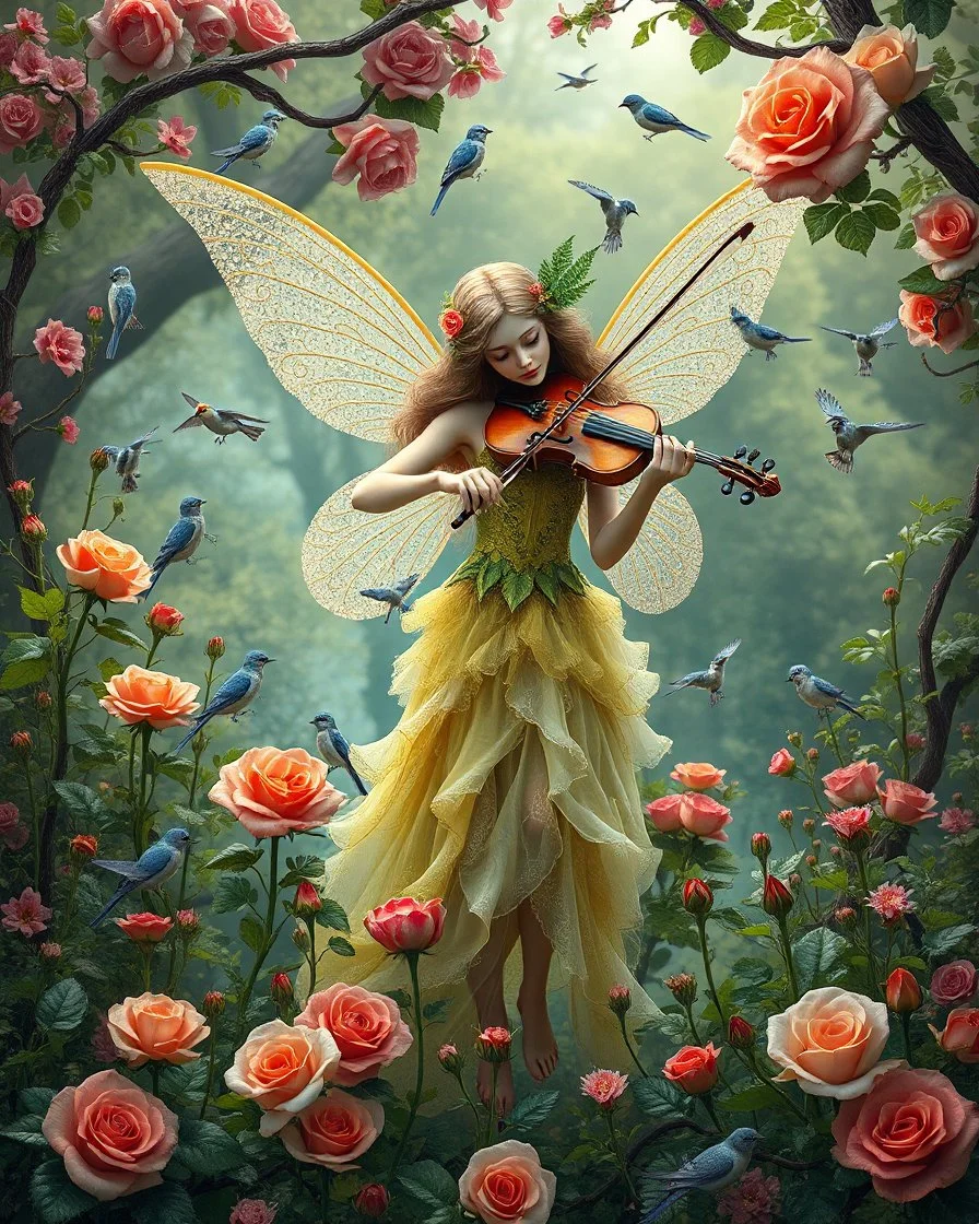 Gorgeous Photography Beautiful Fairy playing violinist in Wild garden,flower,birds surrounding,fractal ornamentation, over detailed, gloriously full and confusing, nothing that really exists, everything made up, fantasy world, sweet briar, photography graphic art, song birds, ochre rose,rose buds, dewy morning, forest of oaks