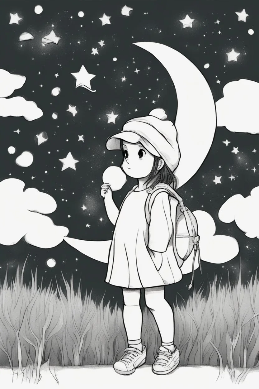 A little girl gazing at the night sky filled with stars and crescent moons. Incorporate stars of different sizes and crescent moons for a dreamy scene..,very happy , Colloring page for todlliers ; basic hawali style cartoon , black and white , ink outlines , , smooth , anime style , minimalist , cute eyes , full body , white shose , sketchbook , realistic sketch , free lines , on paper , character sheet , clean line art high detailed