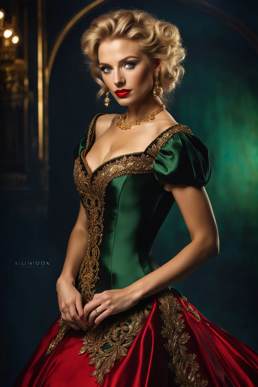 Hollywood photo Rembrandt perfect green eyes, bright red lips, blonde hair, front face, front look, full pose, fantastic face, Caucasian, beautiful look, detailed elegant gold and red dress, Victorian black formal dress, elegant hair up, indigo tones background, ultra focus, illuminated face, detailed face, 8k resolution, sharp focus, studio photo, intricate details, highly detailed