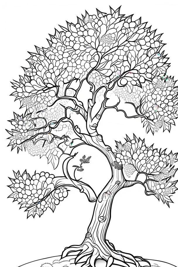 coloring page, apple tree, cartoon style, thick lines, low detail, no shading