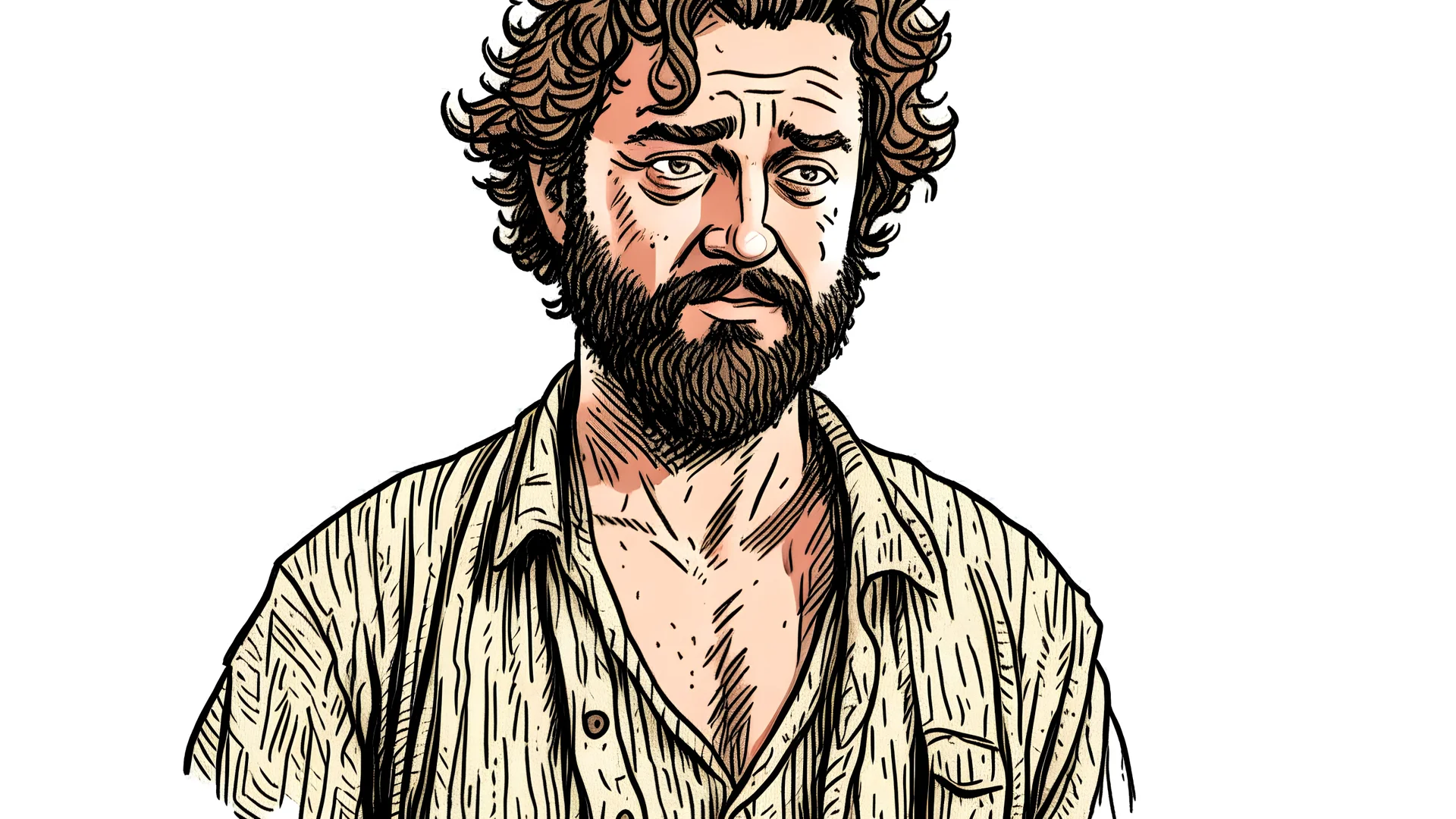 A man in loose, dirty clothes, who doesn't seem to care about his appearance. He has short, curly hair and an uncombed beard.