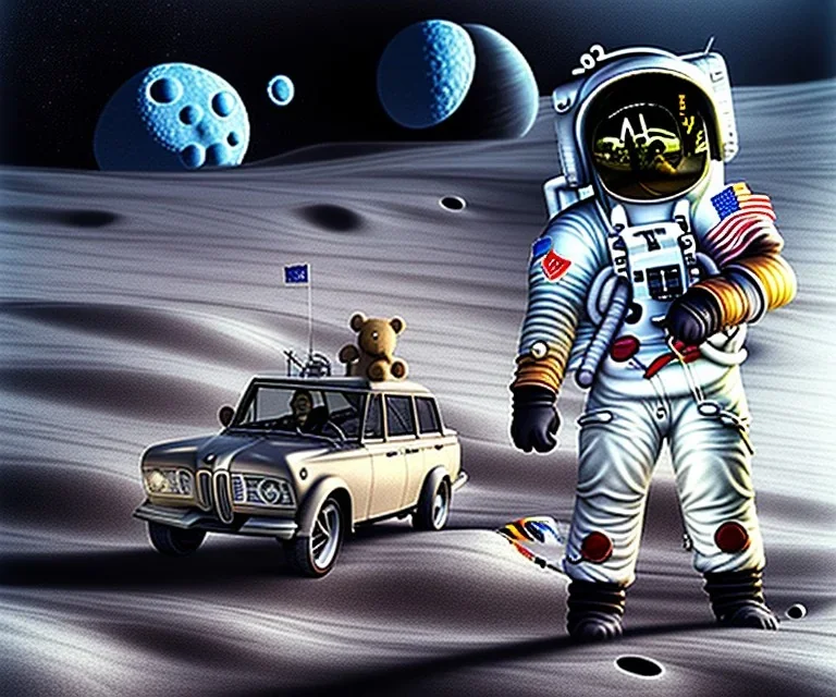 little boy and big teddy bears on moon. drifting in old bmw. oil on canvas