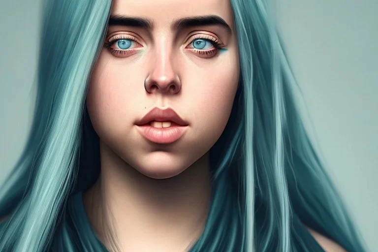 Billie Eilish, afraid in a dark room, realistic, not to be distinguished from a photo, identical pupils, photorealistic illustration