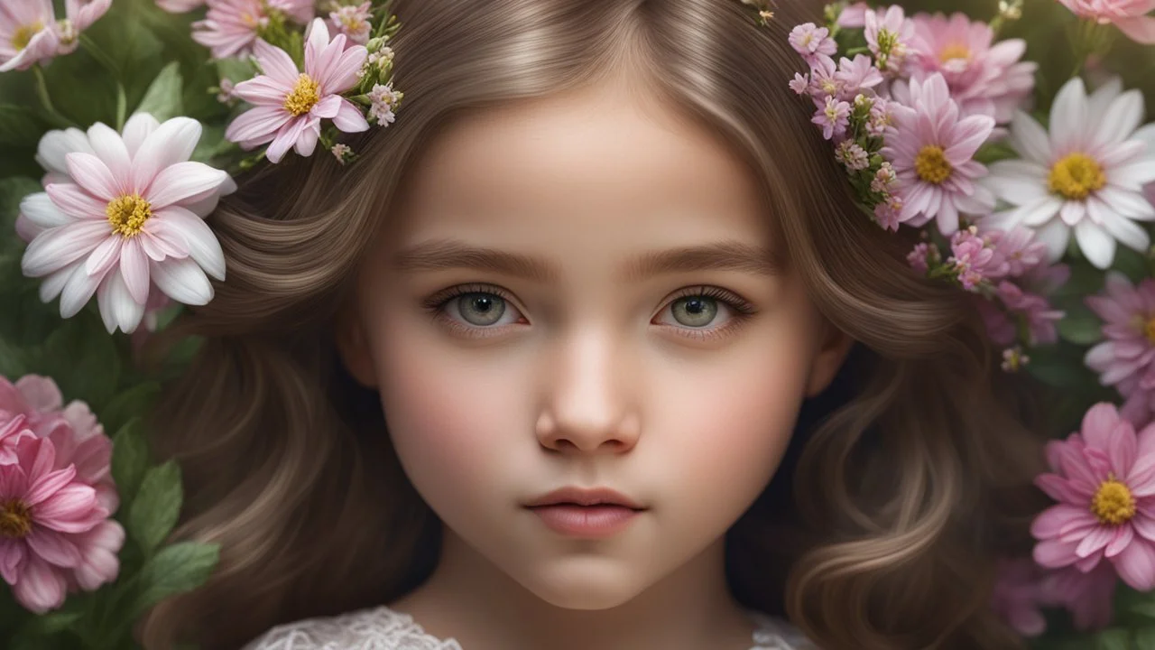 49216. young little girl, head and chest, perfect eyes, flowers, exquisite composition, thoughtful, self-assured, confident, beautiful, peaceful, kind, beautiful detailed intricate insanely detailed octane render trending on artstation, 8k artistic photography, photorealistic concept art, soft natural volumetric cinematic perfect light, chiaroscuro, award-winning photograph, masterpiece, raphael, caravaggio, greg rutkowski, beeple, beksinski, alma tadema, Bouguereau