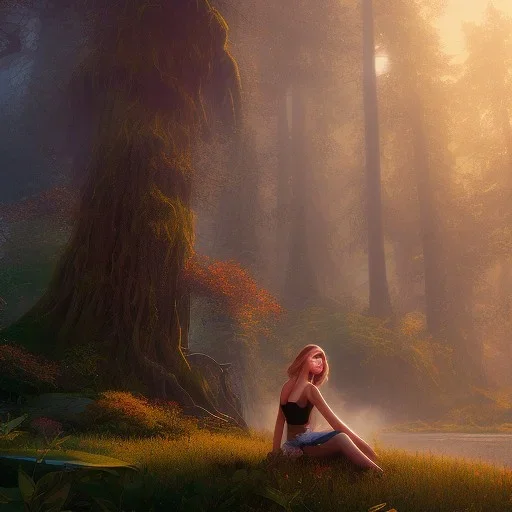 Insanely beautiful girl, sunny, relaxing, mountain, trees, glossy, real details, hyper ultra photo realistic, fantasy art, glowing landscape, 8k