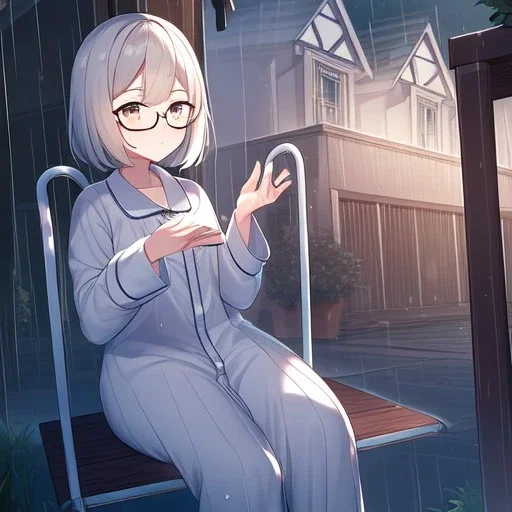 anime girl sitting on a porch swing of an old house, journaling, wearing pajamas, writing in a book, shes watching it rain, more detail on hands and her face,shes deep in her thoughts, wearing glasses, rain drops, she has a pencil in her hand and is writning in the book, she is looking down at what she is writing