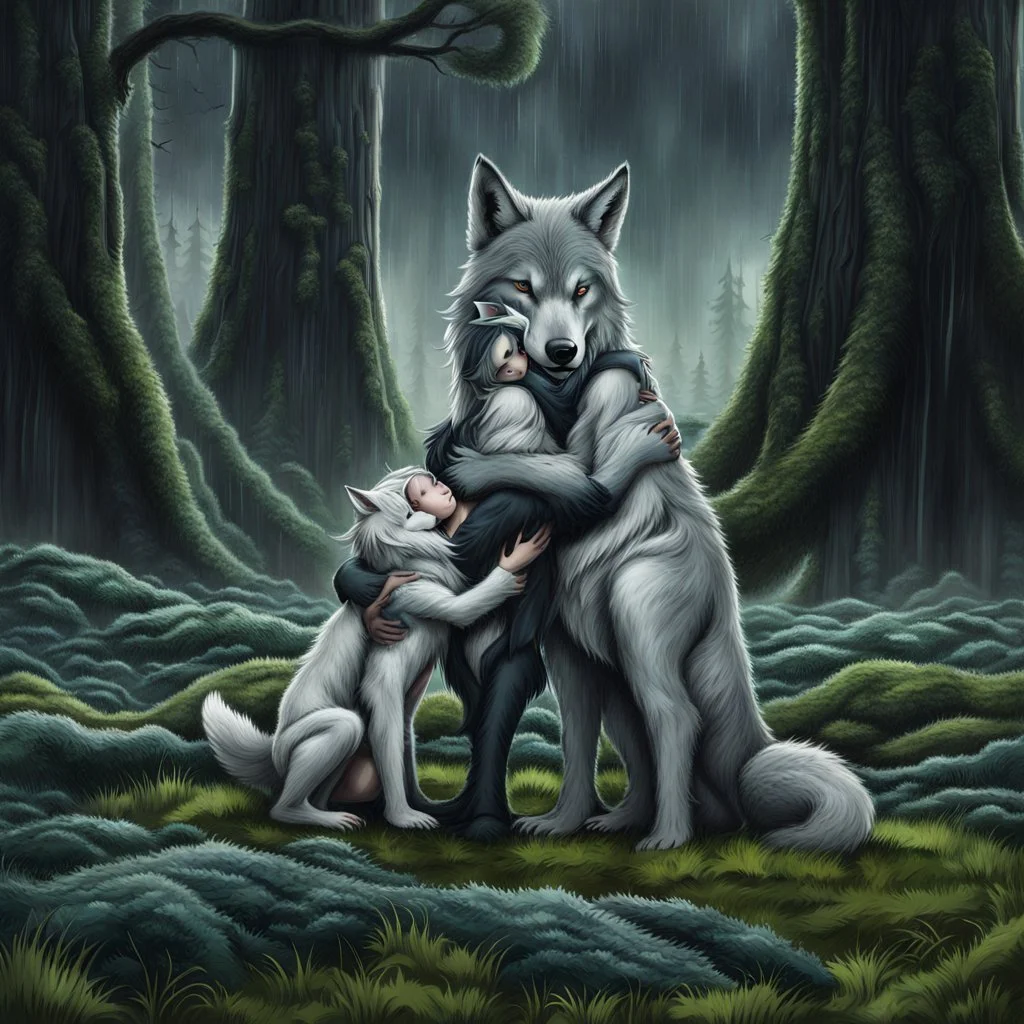 one gray bodyhair anthro wolf-woman hibrid hugs her two anhtro wolf-kid child on field, in background tall trees wirh big trunks, rain, down on blue-green moss, hug each other , rainy day, high contrast, high detalied, atmospheric, dark fantasy, sci-fi mood