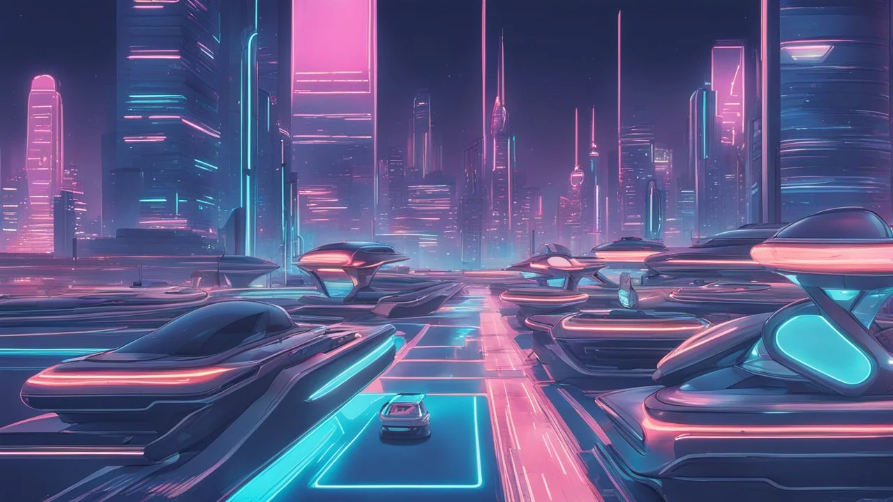 A futuristic cityscape at night with neon lights and flying cars.