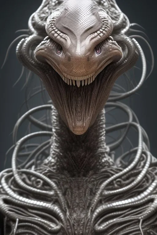 snake alien, head,8 eyes, smile, 8k, with hairs, finely detailed, photo realistic, HR Giger style