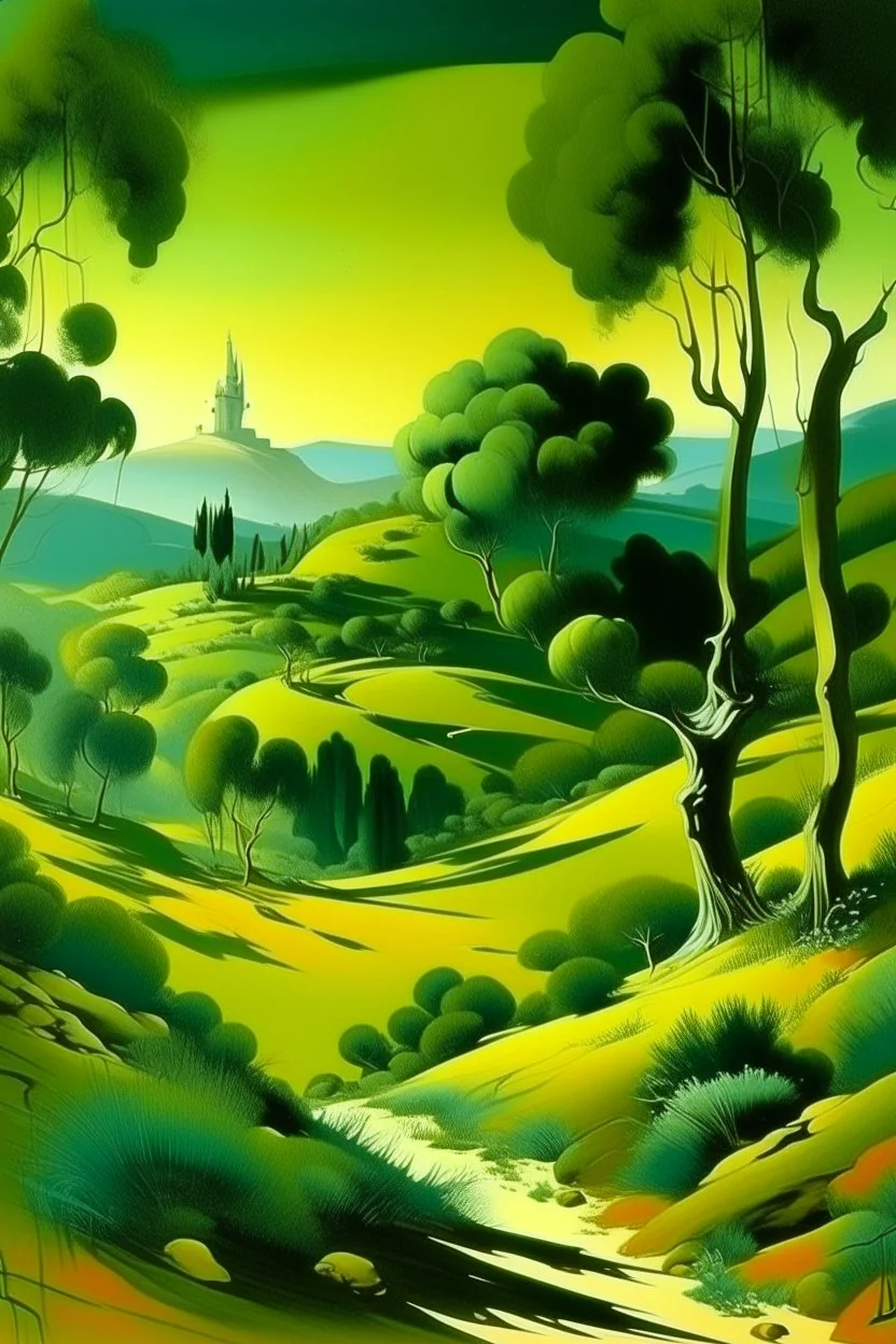 A green grove near a valley painted by Salvador Dali