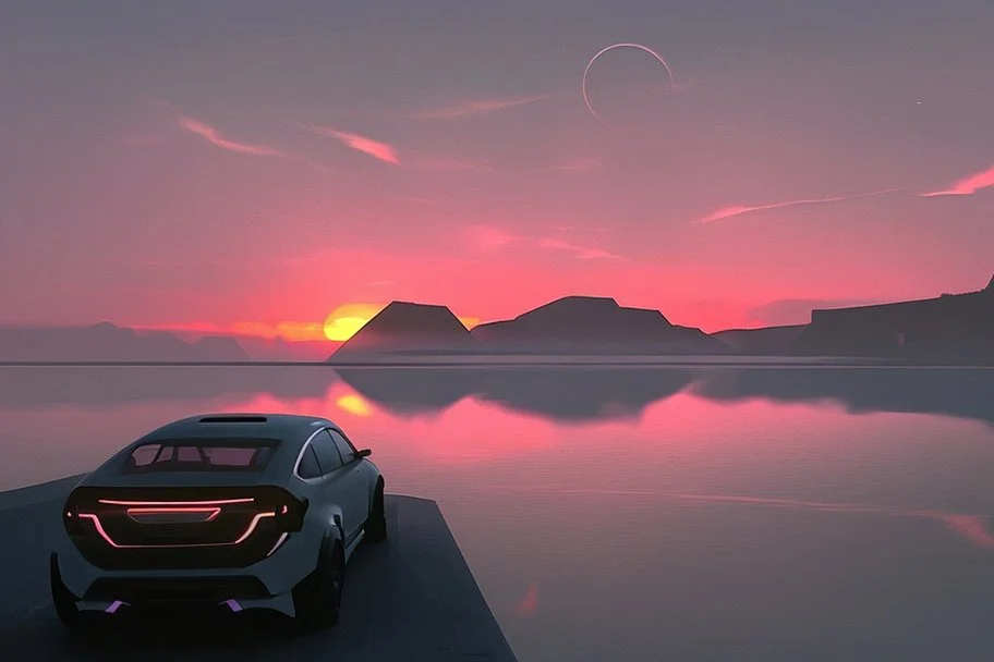 distant city, cars, sunset, lake, sci-fi, epic