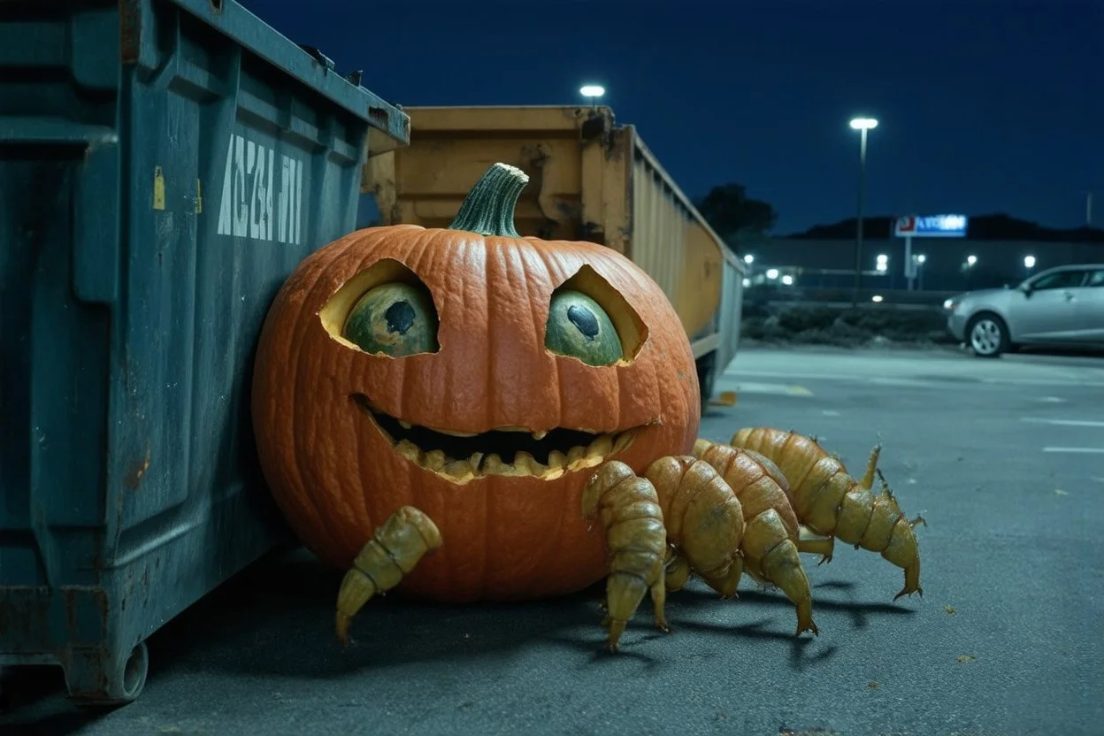 anthropomorphic giant pumpkin centipede hybrid hiding behind dumpster in a Wal-Mart parking lot at night, horror, found footage, cctv, low contrast