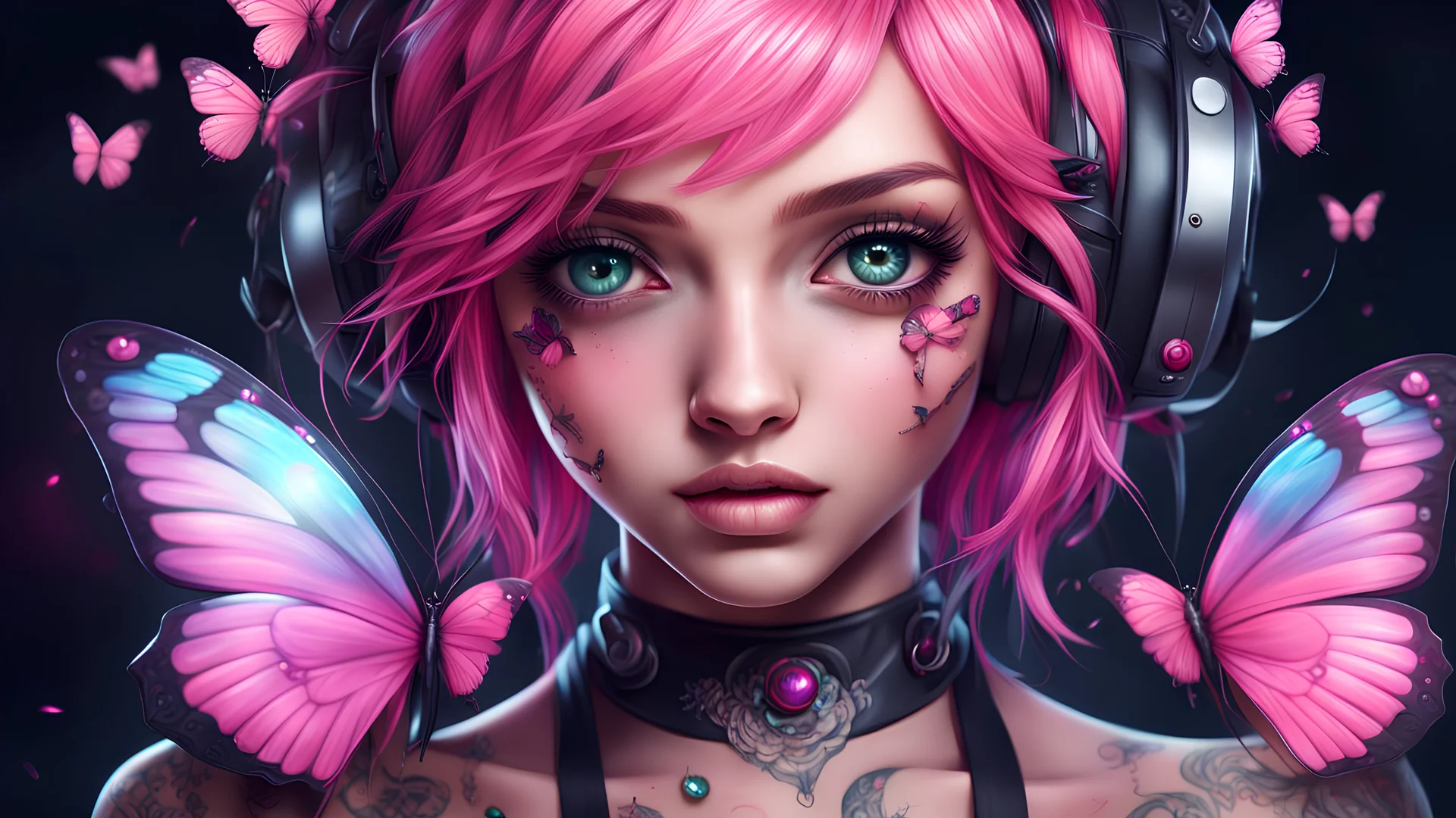 dj girl, pretty eyes perfect eyes beautifull girl, highly detailed face, , tattoo body girl, dark design, beautiful face, pink hair , high quality, 32K ultra hd, hyper realistic, high definition, ultra details, beautiful effects, gems, butterflies, anime, illustration, cinematic, conceptual art, dark fantasy