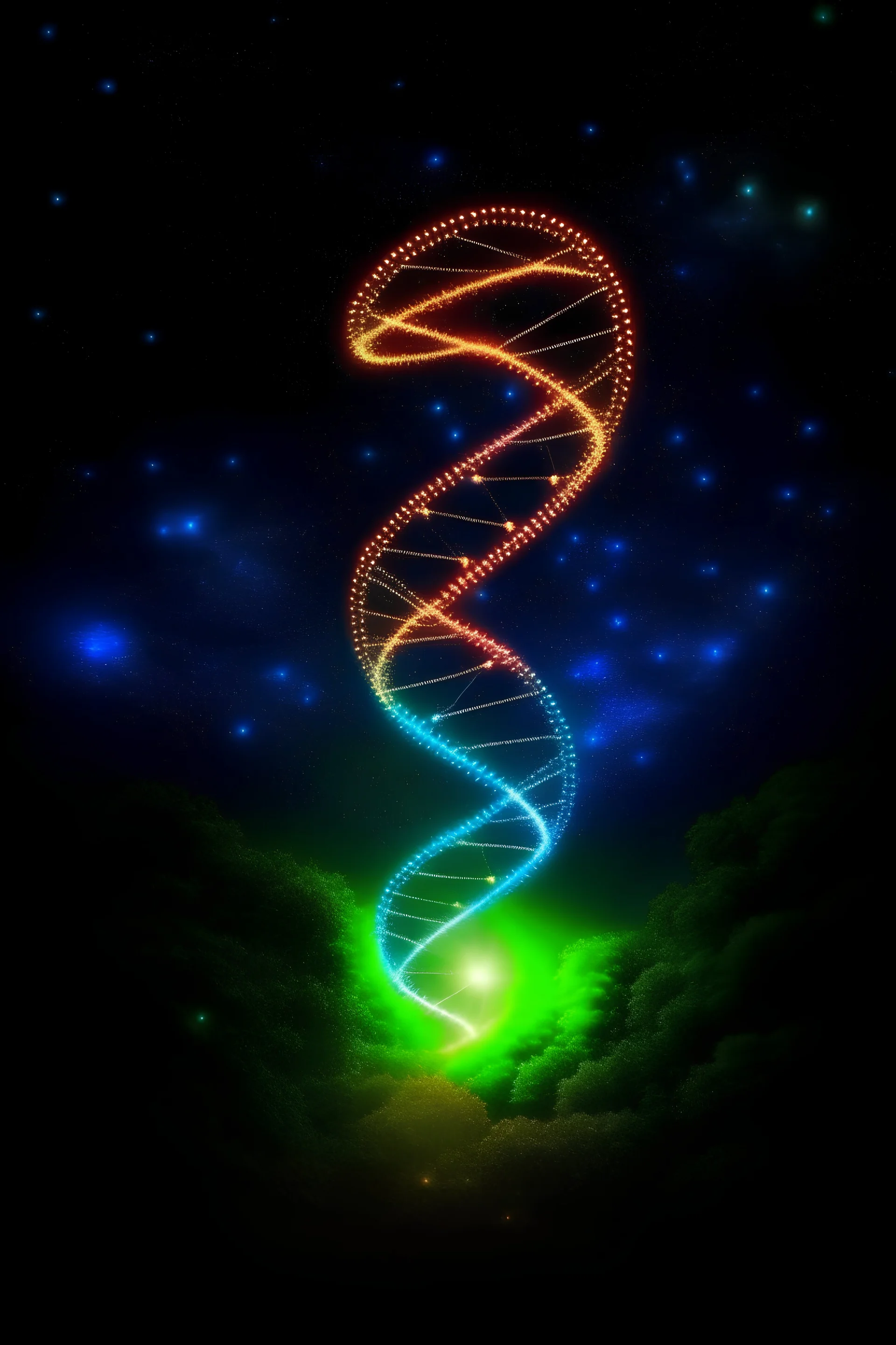 small glowing dna double helix in the night sky with stars, tree of life in the background