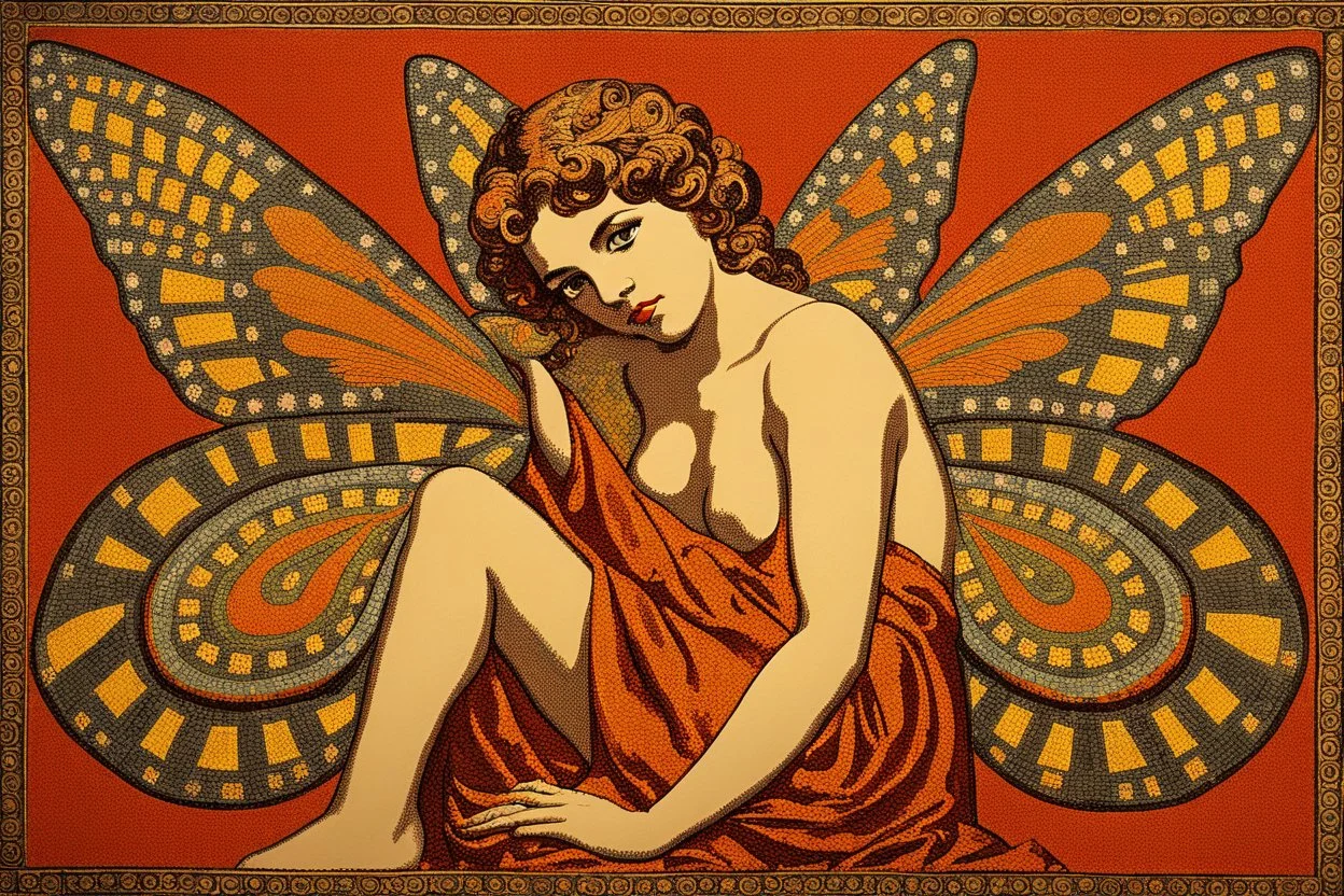 psychedelic painting of ancient god psyche depicted in ancient mosaic art as a butterfly-winged woman by andy warhol