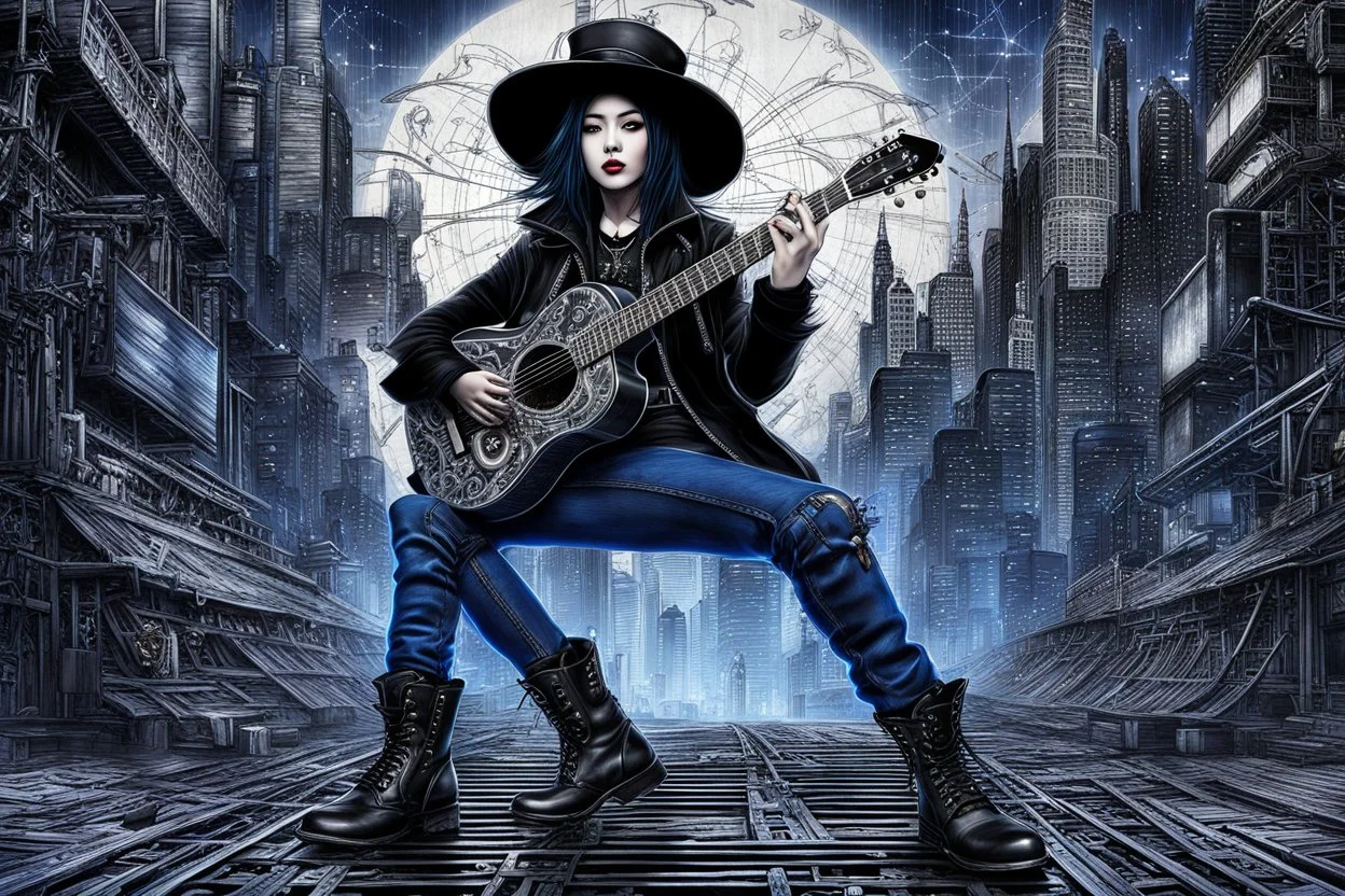 Mixed media picture, the background is black and white line art 3d cyber city In the middle a colorful photo of an attraktive goth asian man playing on the old guitare , wearing goth dark blue clothsirt, shiny black jeans, steampunk black hat and black boots, his hair is deep blue-black-silver colors, enhancing the contrast between her and the black and white cityscape space