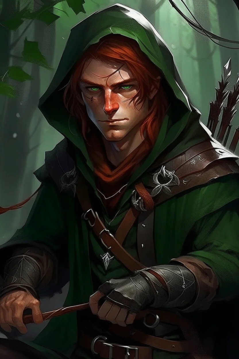 35 year old male rogue elf, thief assassin, purplish red hair, messy hair, bright green eyes, brown skin, black hood, black leather, messy, disheveled, trees, sneaky, bow and arrows, long and lean