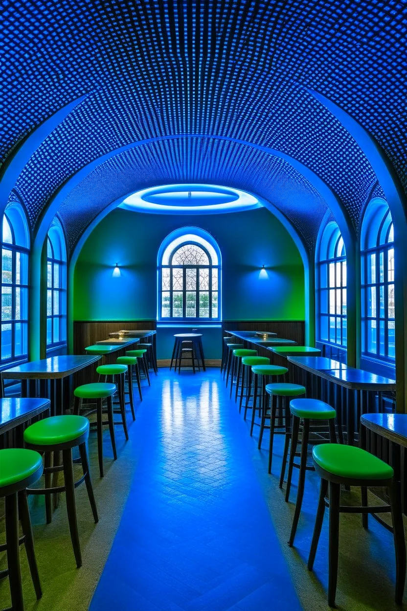 A restaurant whose outer walls are oval in shape and its interior is blue and its floor is light with a bar table in the middle of the restaurant in the shape of an oval containing 30 chairs and there are no windows in the restaurant