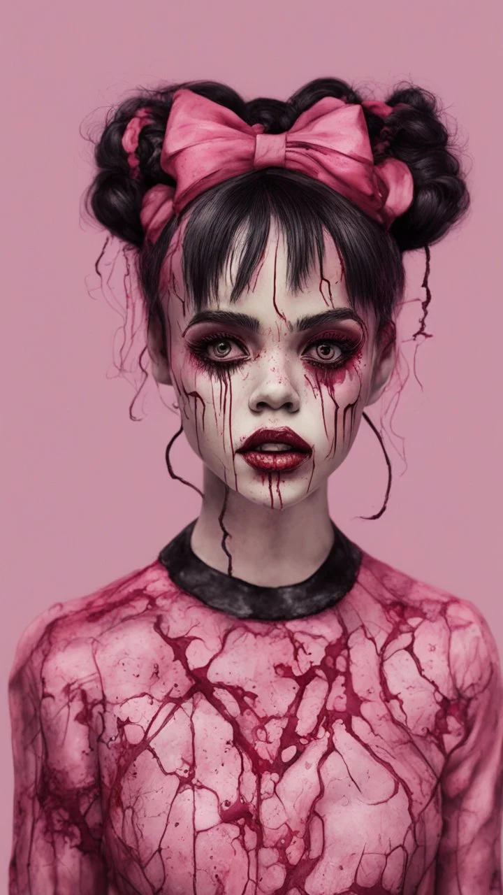 full color, illustration of a darkred and pink tones, menacing, Singer Melanie Martinez face, as a decayed, broken, skin turned translucent, black veins that extended like roots beneath her skin, latex suit, crude homemade cloth doll toy, with a narrow cracked porcelain face, thick dark eyebrows, hair in two gradually, made from ragged strips of cloth, in the style of Alex Pardee, Tim Burton, and Nadya Sheremet