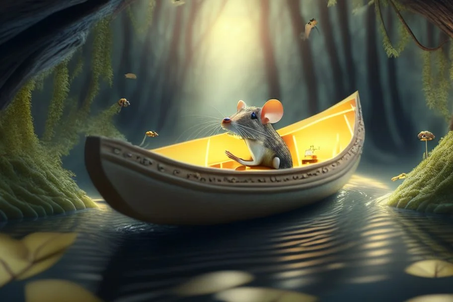 strong mouse in cheese boat, in monlit forest by stream, book illustration, fine detail, 4k, trending, volumetric light, depth of field