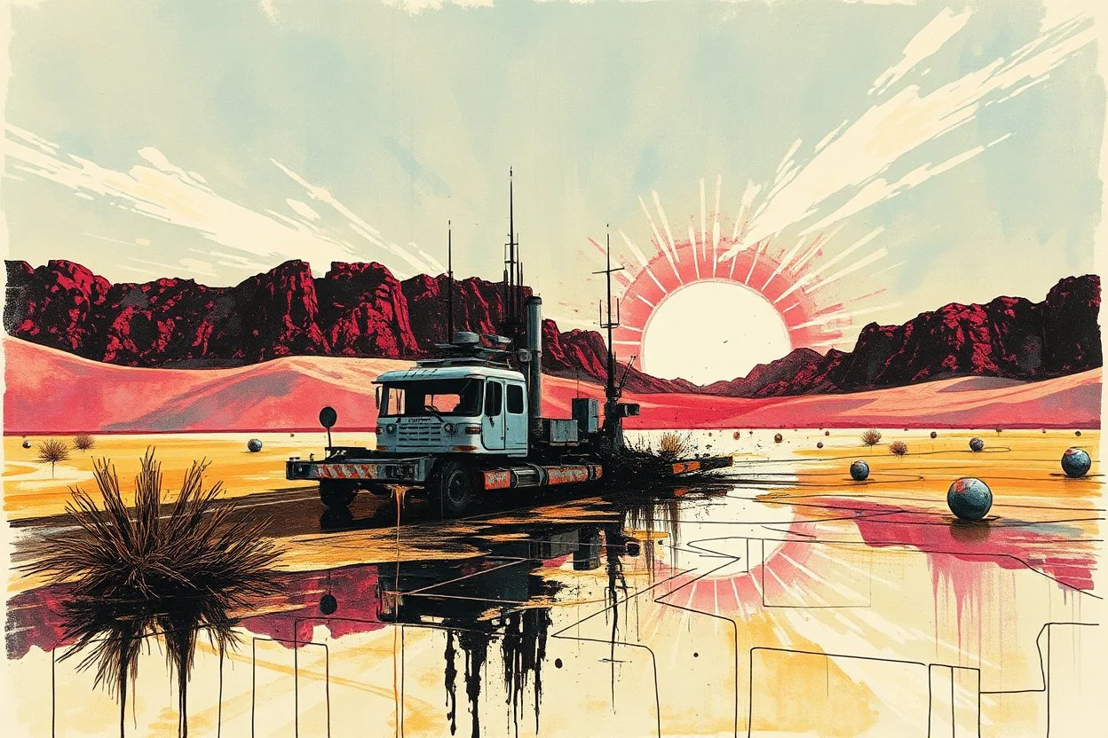 a probable cyberpunk aspect generating in an arafed desert, acrylic and ink, great reflections, burst dynamics, double exposure, liminal space, harsh contrasts, sharp shadows, jux:tox, ink leaks and splinters, e.x.p.l.o.d.e and blast vibe
