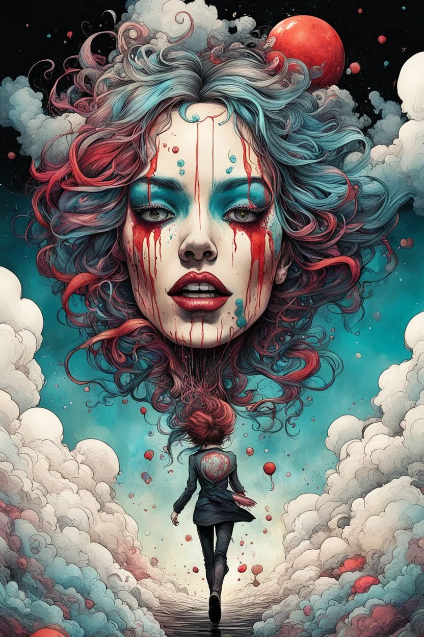 highly detailed full color concept illustration of " Well, she's walking through the clouds, with a circus mind that's running wild " , maximalist, sharp focus, finely detailed facial features, highest resolution, in the styles of Alex Pardee, Denis Forkas , and Masahiro Ito, boldly inked, 8k, coarse, gritty textures