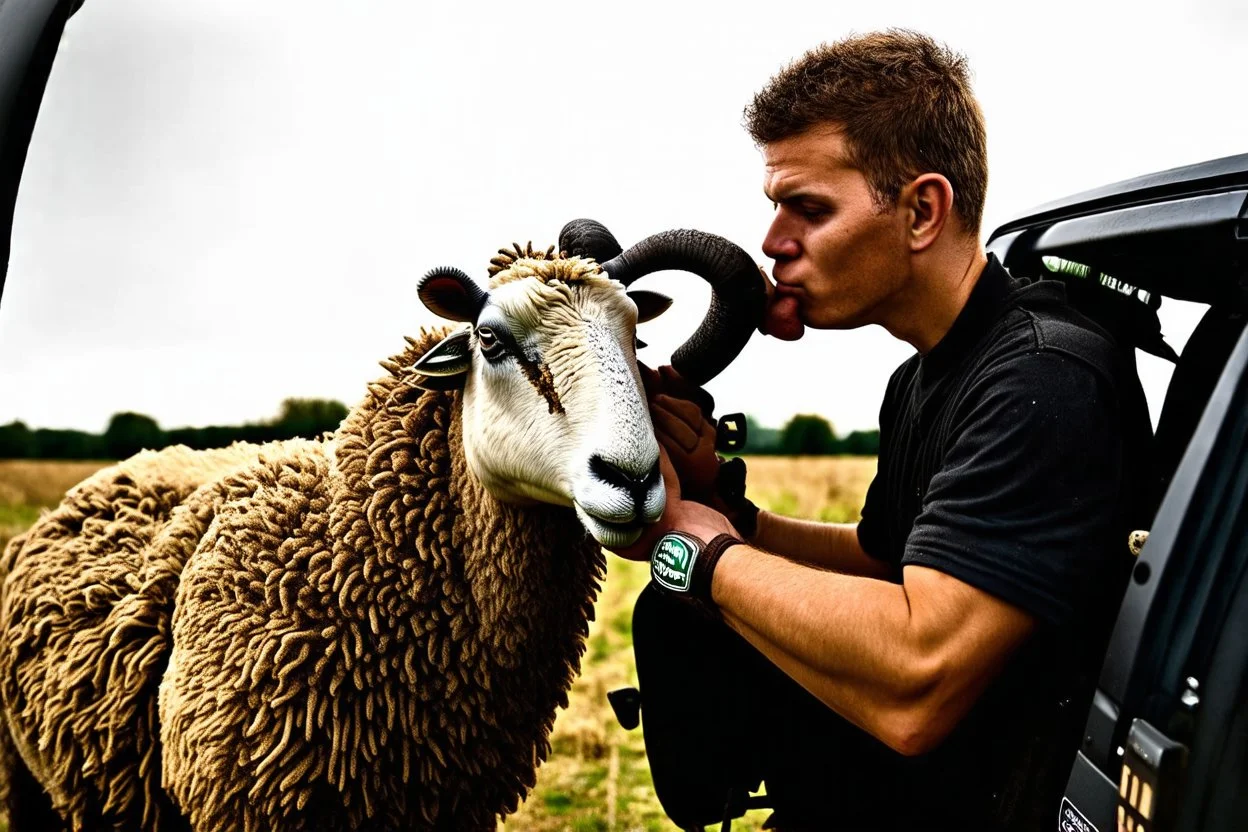 a portrait of a broken head mechanic, kissing a hybrid mixed body part sheep, fixing (far away old land rover 4x4 discovery 2) in the countryside