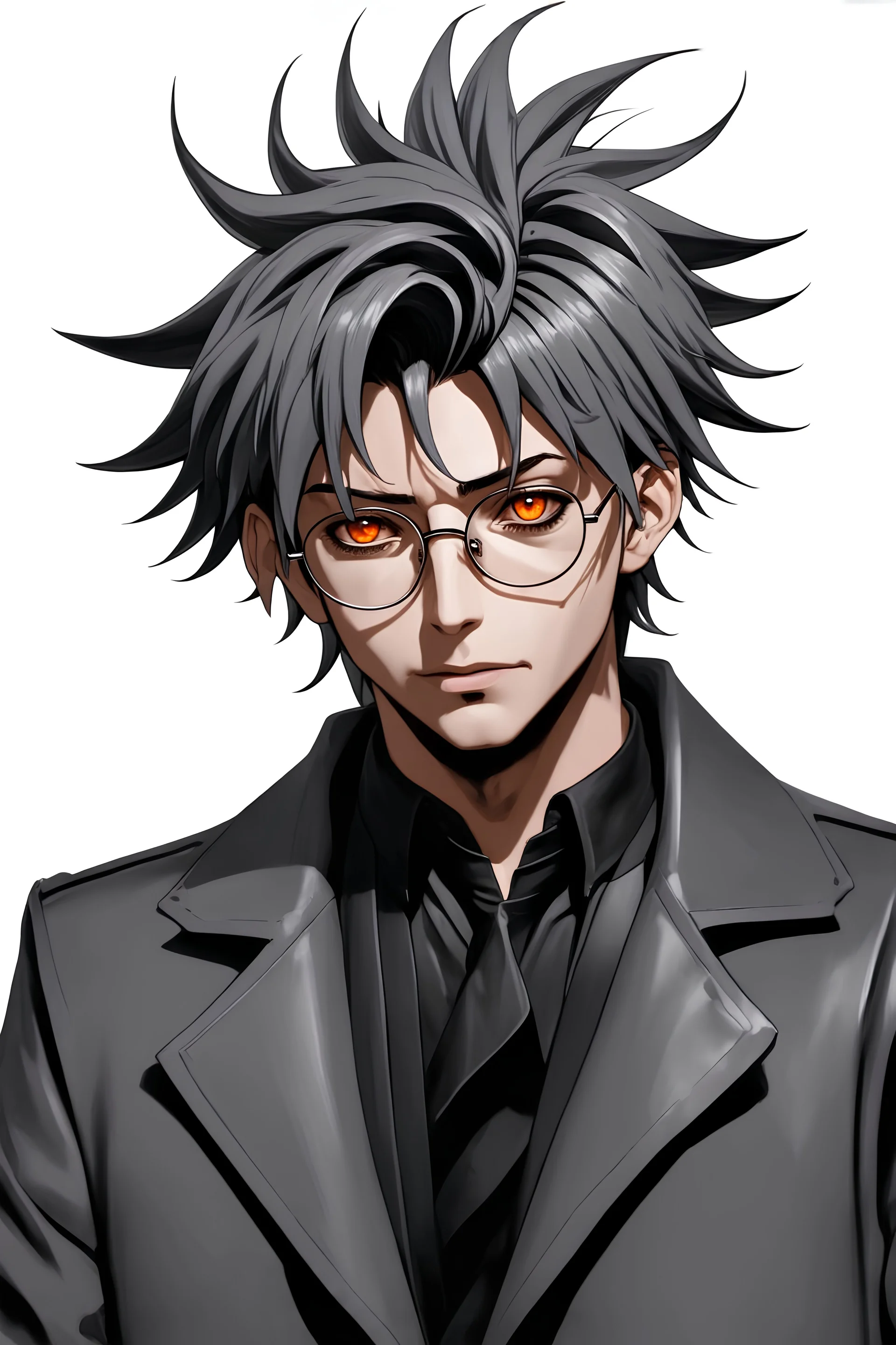 Portrait of a male, grey coat, orange eyes, stunning beautiful artwork, toned body, 8k dnd portrait artwork, spikey dark grey hair, wind motiff, glasses, maximalist, by artgerm, 8k anime artwork, 8k photo, trending on artstation, looking down