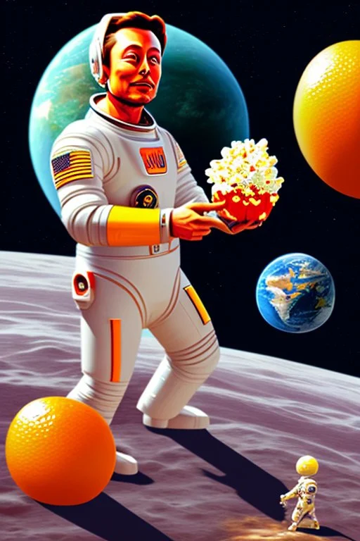 simple scene, Elon musk sitting on the moon on an orange couch, beer in hand ,eating popcorn, looking unamused at planet earth,. selective colours