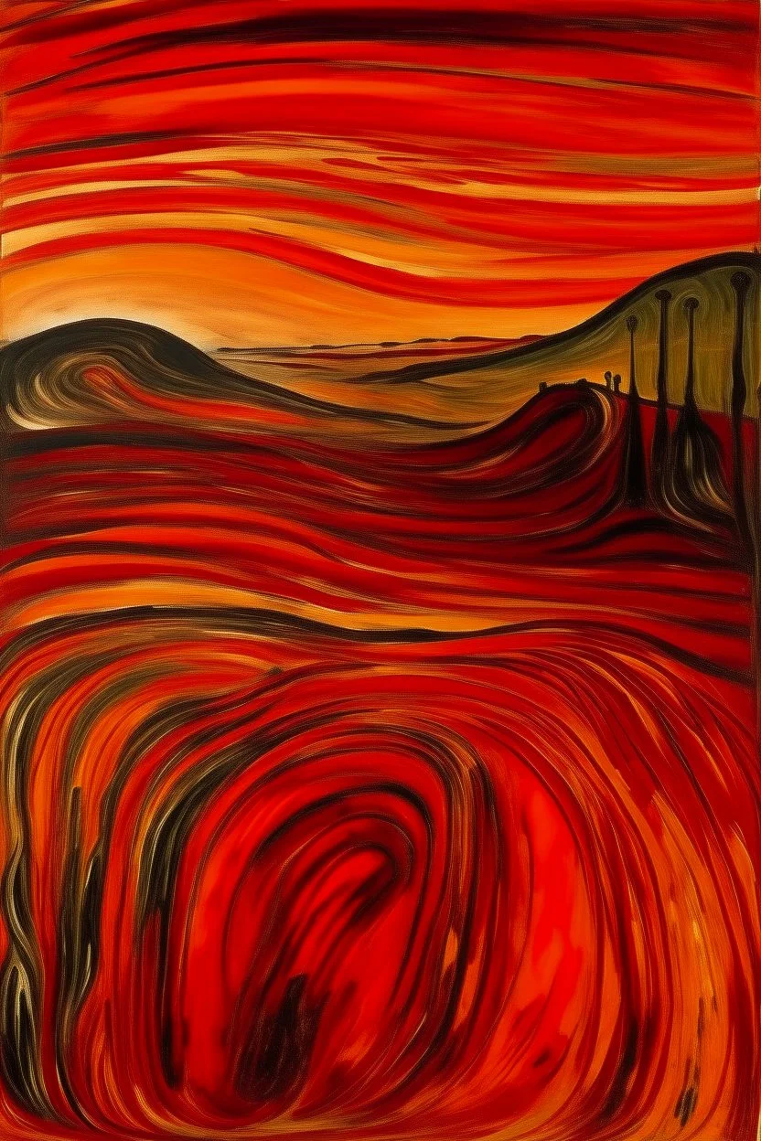 A dark orangish red fields with lava painted by Edvard Munch