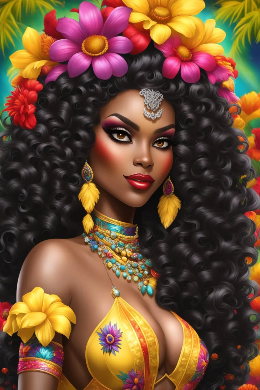 Create a digital airbrush cartoon of a curvy African American female wearing Brazilian carnaval outfit outfit that's Black, yellow, and red Prominent make up with hazel eyes. Highly detailed very long extremely curly black hair. Her skin is smooth and silky. Background eof a judge full of colorful flowers