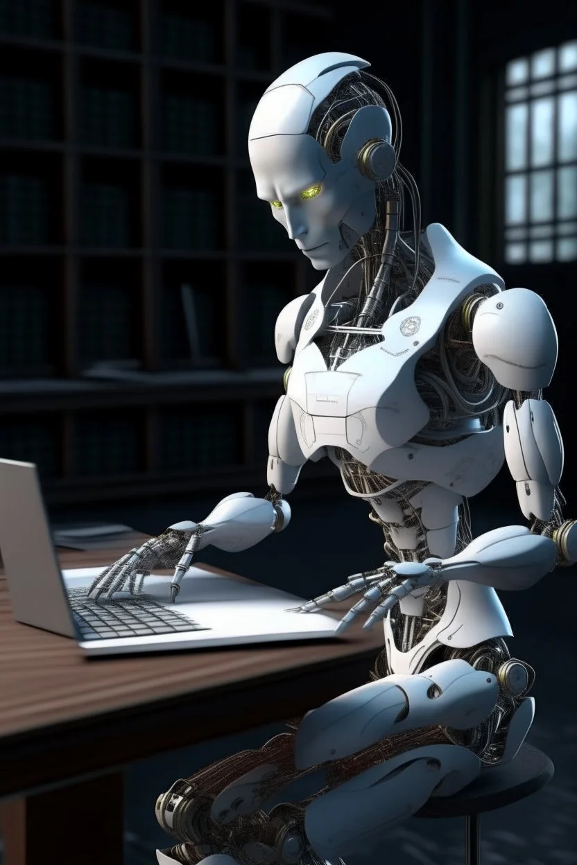 generate a front cover representation of Ai photo realistic attractive full body humanoid bot writing a book at a desk