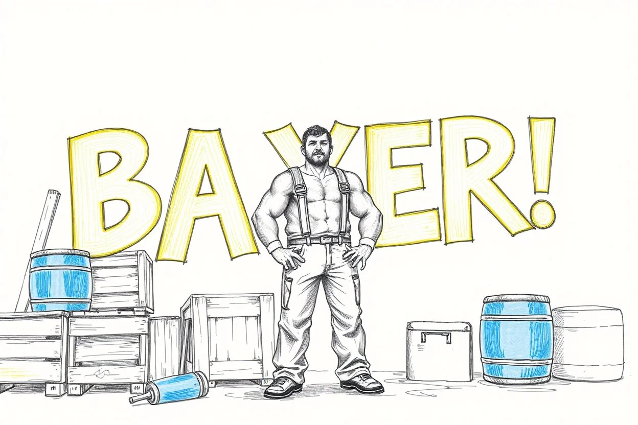 a drawing with sketch lead pencil, The word "BAXER" in yellow floating like a big sign, strong painting, strong expression, BAXER!, BAXER! the word Baxer, WOODEN CRATES AND BLUE BARRELS, A WORKING MAN STANDS THERE WITH VERY BIG STRONG MUSCLES