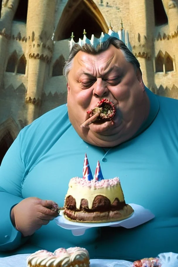 fat ugly viktor orban eating birthday cake in a castle