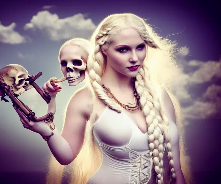 Very sensual gorgeous curvy young white woman blonde hair maiden dressed in white posing sensually with plaits, and with a skull in her hand, background of ancient marble Roman arcs heavenly sunshine beams divine bright soft focus holy in the clouds steampunk engine steampunk engine.