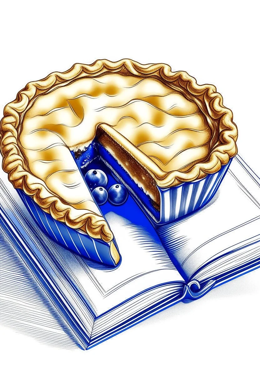 A hand-glazed ceramic baking dish filled with a blueberry pie, golden brown crust bubbling on the edges. A dollop of whipped cream rests on a slice beside the dish. Style: Vintage, Mood: Homey, Lighting: Warm oven light peeking out from the slightly open door, T-shirt design graphic, vector, contour, white background.