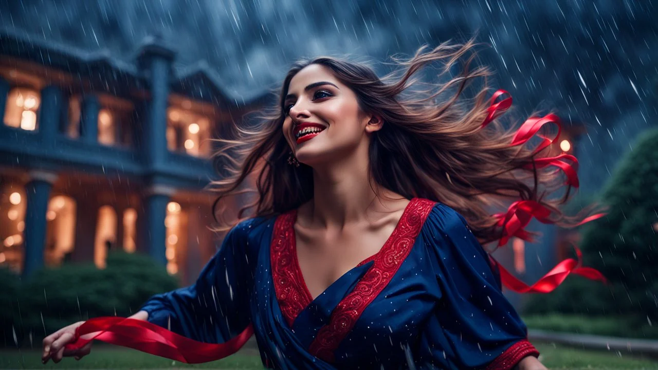 Hyper Realistic Photographic Low-Angle View Of A Beautiful Young Pashto Woman With Beautiful Eyes Lips & Nose (Wearing Traditional Beautiful Navy-Blue Dress Decorated With Red-Ribbons On It Her Frock & Her Beautiful Long Hair Whirling In Air) Happily Whirling & Smiling Outside A Fancy Navy-Blue Mansion Heavy Rainfall Night with Thunderstorm Showing Dramatic & Cinematic Ambiance.