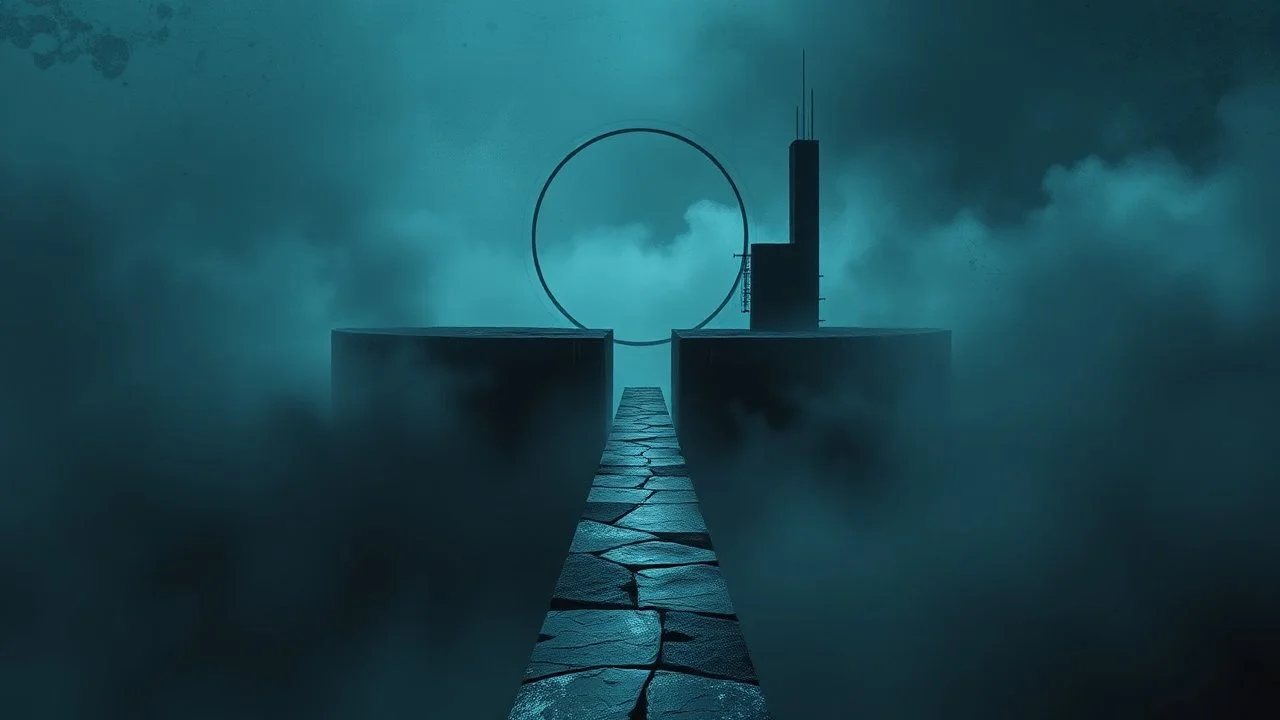 passage over nothingness, surreal, dark and cold abstract artwork dominated by deep blue, icy cyan, charcoal black and muted steel-grey tones. An thin narrow passageway emerges from an abstract distorted weird landscape, surrounded by thick fog and drifting mist. The space feels dreamlike, alien and unsettling, with fragmented floating circle geometric forms, black onix architectural fragments and unnatural perspectives. At the center of the composition cracked stone and glass way over abyss