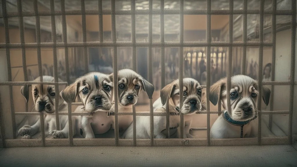 wide angle shot of puppies crying in cages at indian hotel front desk